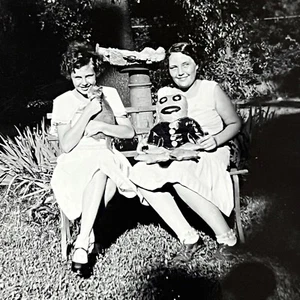 Vintage B&W Snapshot Photograph Adorable Children Girl Cat Very Odd Doll Toy ID - Picture 1 of 7