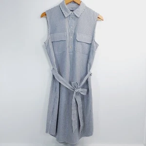 Jones New York Sleeveless Womens Dress Size 10 Grey Blue White Stripe Waist Belt - Picture 1 of 10