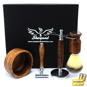 Clean Shave Kit Barber Shop Shaving Set with Stainless Steel and Wooden Handle - Picture 1 of 5