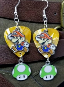 Super Mario Charm Jumping Over a Green Mushroom Charm Guitar Pick Earrings - Picture 1 of 6