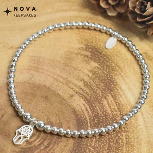 Sterling Silver Stretch Beaded Stacking Bracelet Hamsa Hand CZ Crystal Charm - Picture 1 of 8