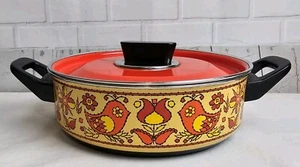 Vintage Fancipans Enamelware 9" Pot Pan Lid MCM Orange Birds Tulips Kitsch - Picture 1 of 13