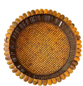 Vassoio vintage in legno di rattan rotondo girasole fiore grande servizio decorativo retrò - Foto 1 di 15