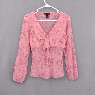Blusa The Limited Decote V Manga Longa Rosa Babado Frente 100% Seda Top XS - Imagem 1 de 4