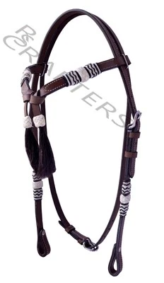 Western Tan Leather Headstall Hand Braided White Rawhide Knotting Futurity Knot1 - Image 1 of 4
