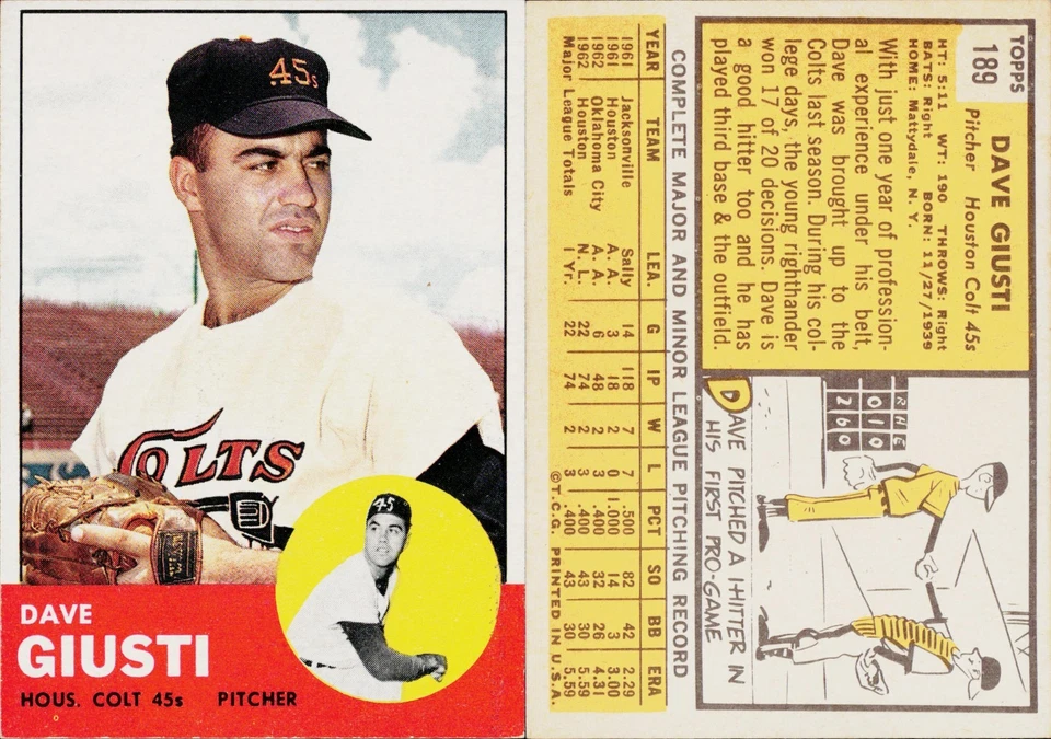 Tarjeta de béisbol 1963 Topps #189 Dave Giusti Foto 1 de 1