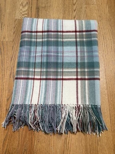 Lands End Wool Cashmere Blend Plaid Throw Blanket 53x67” Fringe Cream Green NWOT - Picture 1 of 10