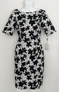 NWT ~ CALVIN KLEIN Dress 4 Black & White Floral Sheath Stretch Half-Sleeve - Picture 1 of 5