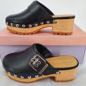 Lisa Vicky Womens Size 7M Vixen V Clog Studded Buckle Black Polish Calf New - Picture 1 of 10