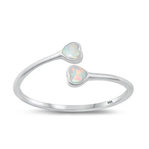 925 Sterling Silver Dainty Lab Opal Hearts Ring Sizes 4-10 - Picture 1 of 2