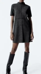 ZARA Exposed Seams Mini Dress L Gray Short Sleeve Minimalist Casual Workwear - Picture 1 of 13