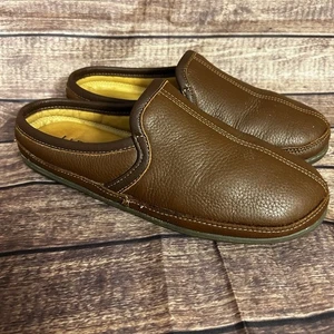 LL Bean Slippers Mens 9 Brown Elkhide Leather Lined Scuffs Slip On Rubber Sole - Picture 1 of 11