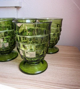 Set of 5 Green Footed Glasses- Indiana Glass Whitehall Colony Geometric Cubist - Picture 1 of 5