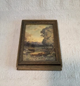 Joyero de madera victoriano de colección con marco de vidrio con tapa de impresión de paisaje Cottagecore LEER - Imagen 1 de 18