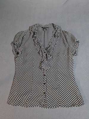 White House Black Market Blouse  Women Med  Black Silk Polka Dot V Neck Ruffle  - Image 1 of 4