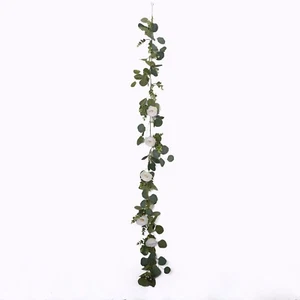 5.5 ft Green White Eucalyptus Leaves Garland Silk Rose Flower Heads Party Events - Picture 1 of 9
