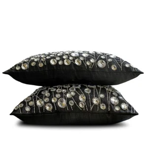 Black Silk Lumbar Pillow Cover Set of 2, Crystal Embroidery - Kristy - Picture 1 of 4