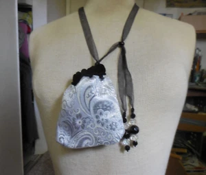 Reversible Black Velvet Silver Brocade Drawstring Necklace Bag Purse Runes Pouch - Picture 1 of 6