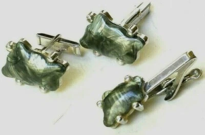 DE COLECCIÓN GEMELOS Juego de broches de clip de corbata PEPITA DE PLÁSTICO GRIS JASPEADO Tono Plateado MOD Foto 1 de 4