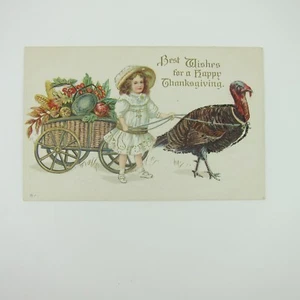 Erntedank Postkarte Wild Turkey zieht Wagen Ernte Mädchen Hut geprägt antik - Bild 1 von 12
