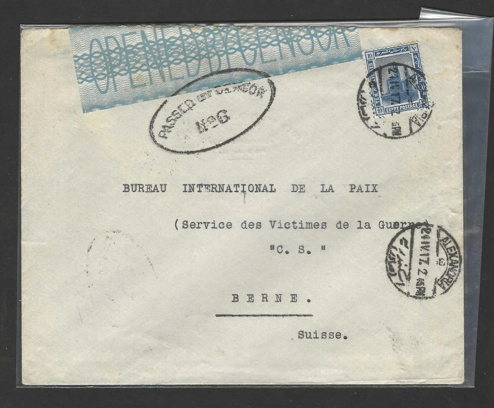EGIPTO 1917 PRIMERA GUERRA MUNDIAL REINO UNIDO CUBIERTA CENSURADA ALEJANDRÍA A INTIL OFICINA DE PAZ Y SERVICIO Foto 1 de 2