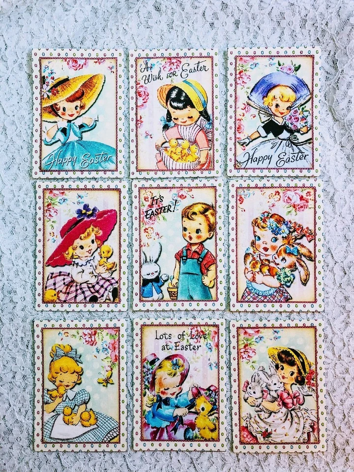 Set of 9 Card Toppers~Vintage Easter Kids~Children~Greeting Card Making~214N - Image 1 of 1