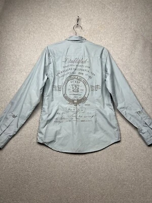 Guess Button Up Shirt Long Sleeve Mens L Y2K 90s Blue Grunge Hip Hop Graffiti - Image 1 of 4
