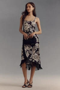 Abito midi nuovo Anthropologie Farm Rio senza maniche scollo quadrato frange nero XL - Foto 1 di 4