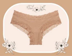 S Praline Beige Victoria's Secret Stretch Cotton Lace-Waist & Leg Cheeky Pantie - Picture 1 of 13