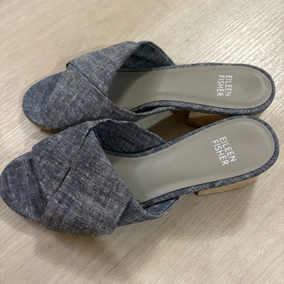 Sandalias de mula Eileen Fisher Ruche azul cambray denim tacón bloque cómodas talla 8 Foto 1 de 4