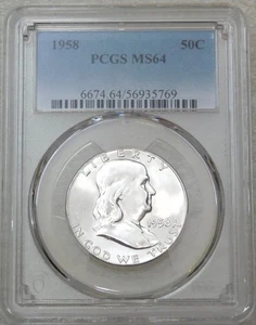Medio dólar Franklin 1958 P graduación profesional MS64 99 % FBL blanco brillo escarchado PQ #K370Z - Imagen 1 de 3