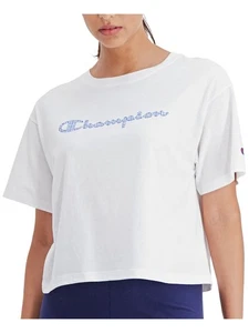 CHAMPION Womens White Loose Fit Logo Short Sleeve Crew Neck Crop Top L - Picture 1 of 6