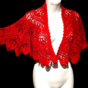 HANDMADE RED CROCHET SHAWL crescent moon scalloped wrap scarf capelet EUC 1C - Picture 1 of 10