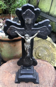 Antique French painted pine wood crucifix chapel church altar cross folk art 15" - Picture 1 of 12