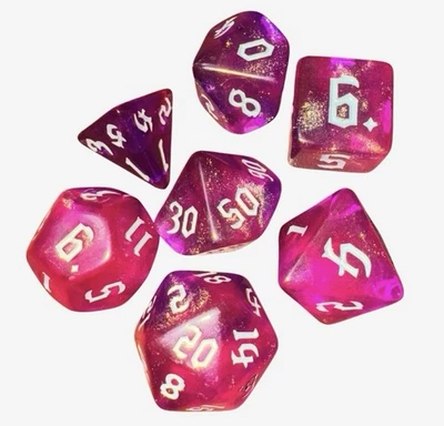 7 Dice Set Semi Transparent DND Polyhedral Arcane Bloom Pink Purple Glitter - Image 1 of 4