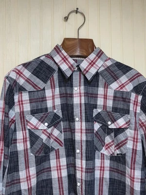 Coastal Shirt Mens Large Red Gray Plaid Western Snap Flap Pockets Long Sleeve - Image 1 of 4