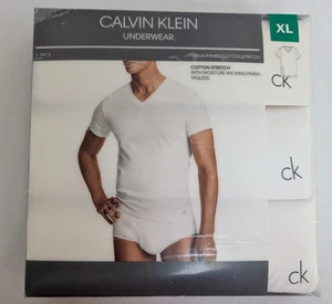 Calvin Klein Mens V Neck T Shirt 3 Pack Solid White Cotton Stretch Sz XL - Picture 1 of 5