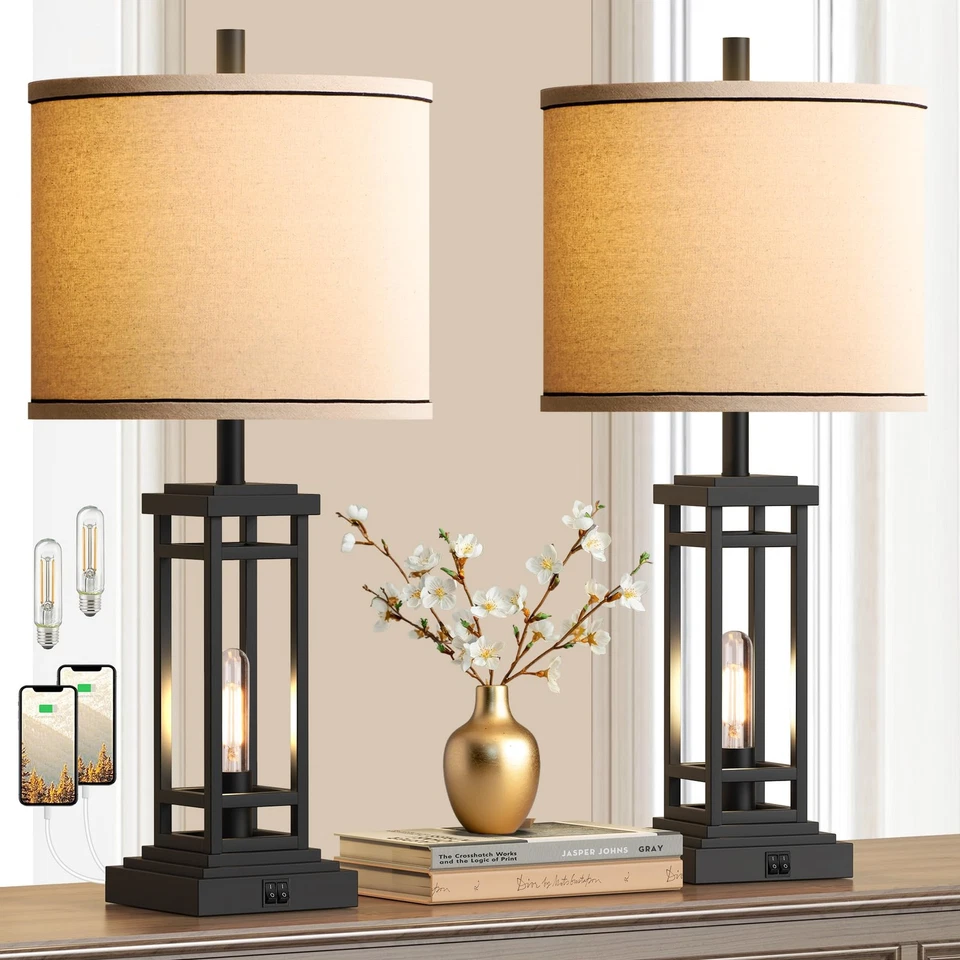 27.5 Tall Farmhouse Table Lamps with USB C + USB A Charge Ports, Rustic Livin... - Image 1 of 4