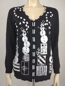 Berek black white sequin Snowman full zip Christmas Holiday sweater ladies Small - Picture 1 of 10