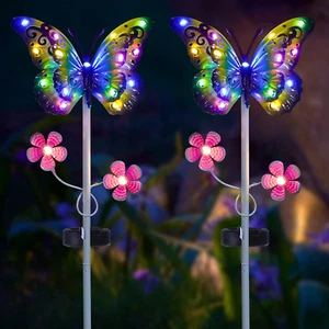 Outdoor Solar Garden Lights - 2 Pack Solar Metal Butterfly Decorative Lights - N - Picture 1 of 6