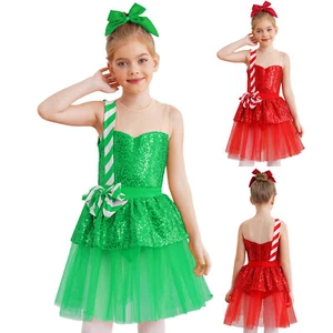UK Kids Girl's Christmas Ballet Dress Shiny Dance Tutu Leotards Skating Dresses - Picture 1 of 29