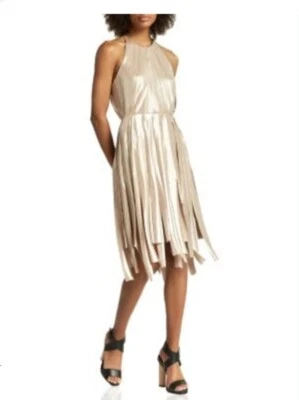 Halston Heritage Halter Dress Womens XS Gold Metallic Fringe Strips Cocktail NWT - Изображение 1 из 4