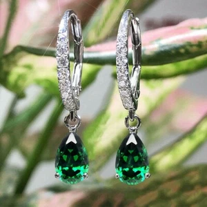2.30Ct Pear Simulated Emerald Women's Drop/Dangle Earrings 14K White Gold Plated - Picture 1 of 3