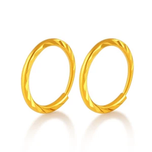 Pure Solid 24K Yellow Gold Stripe Circle Hoop Earrings Women Men Gift 1-1.4g - Picture 1 of 5