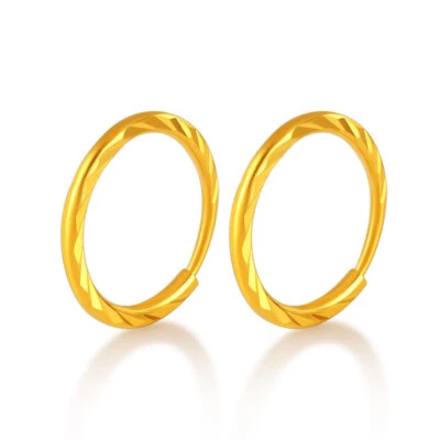 Pure Solid 24K Yellow Gold Stripe Circle Hoop Earrings Women Men Gift 1-1.4g - Image 1 of 4