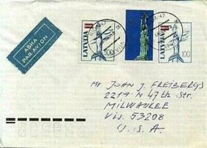 Latvia 1992 Airmail Cover to USA Type A16 Uprated w/Type A17 Cutout - Picture 1 of 2