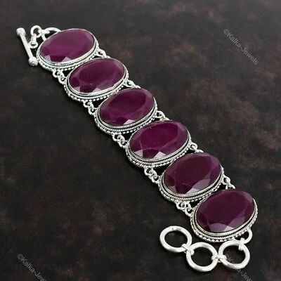 Gift For Her Natural Kashmir Rubi Chain Vintage Adjustable Bracelet 925 Silver - Image 1 of 4