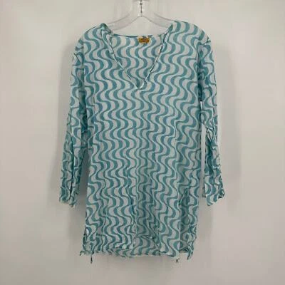 Roberta Roller Rabbit Womens Pullover Cotton Top Size M Teal White Tunic V Neck - Image 1 of 4