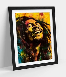 BOB MARLEY SMILING PAINTING -FRAMED WALL ART POSTER PAPER PRINT - Picture 1 of 11