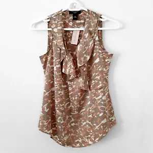 NWT Ann Taylor Satin Ruffle-Front Sleeveless Blouse, Coral/Olive/Ivory, 00P, $45 - Picture 1 of 5